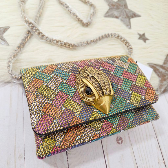 Kurt Geiger Mini Kensington Flap Crossbody Bag rainbow gold rhinestone studs NWT - Picture 2 of 8